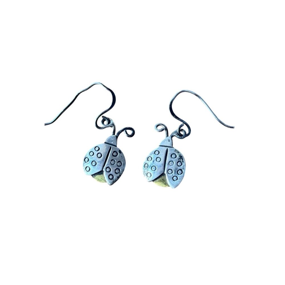 Vintage FF Earrings Ladybug Dangling Hook Sterling Silver